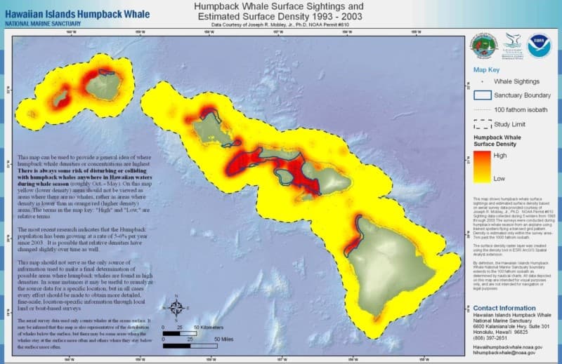 Map of Hawai‘i showing where most whale sightings occur