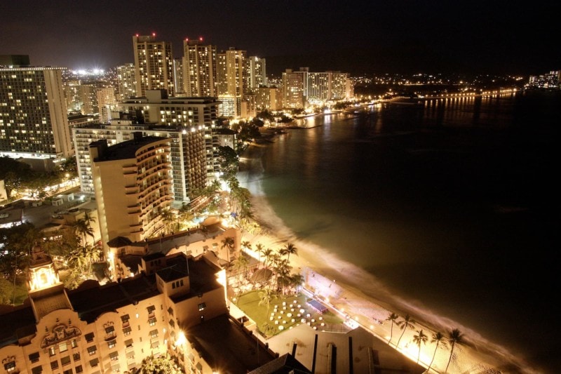 Aerial shot of Waikiki at night