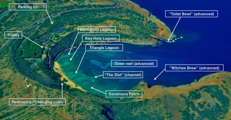 Map of Hanauma Bay including several popular snorkeling locations