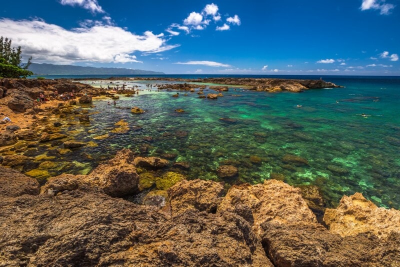 People snorkeling at Shark’s Cove in Pupukea on the Oʻahu North Shore.