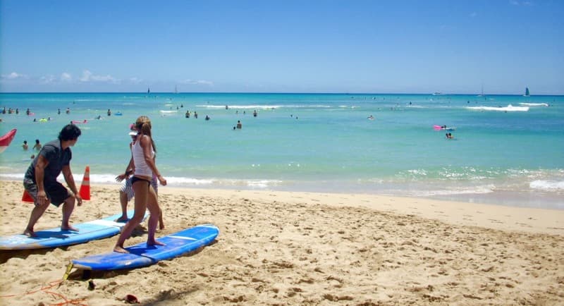 Two people taking surfing lessons at Waikīkī