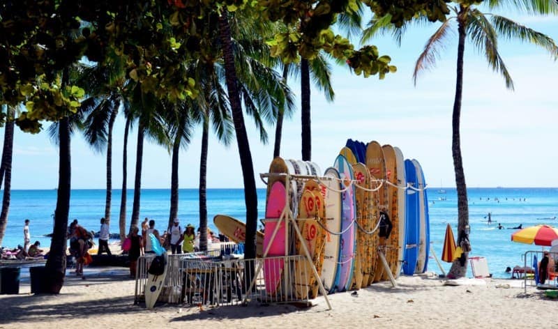 Rack of surfboards on Waikiki Beach